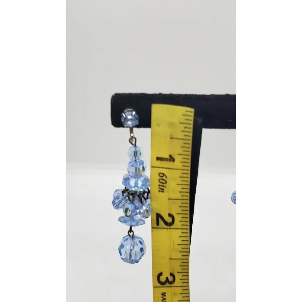 Vintage Earrings Blue Crystal & Rhinestone Dramatic Long Dangle Chacha Clip On